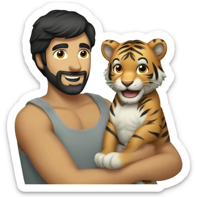 a caucasian guy with black hair and beard playing with a baby tiger sticker