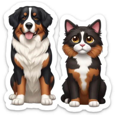 A Bernese dog next to A tortoiseshell cat without white sticker