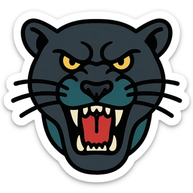 aggressive panther head, snarling, black fur with teal highlights, bold lines, Penrith Panthers rugby league logo style sticker