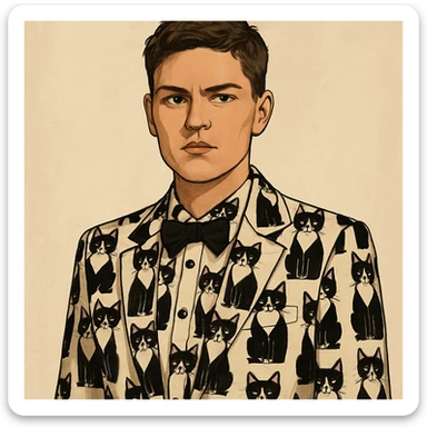 masculine woman with short brown hair and a tuxedo cat, style 3 sticker