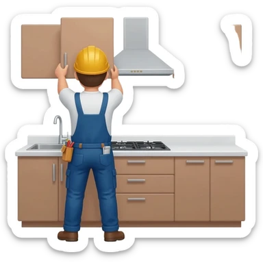 Emoji-style construction worker remodeling a kitchen, installing cabinets with tools, modern kitchen visible with countertops, cabinets, sink and stove, bright emoji style. sticker