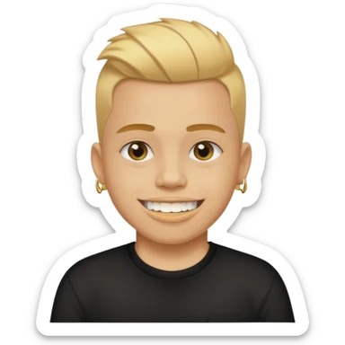 lightskinned person with a taper fade haircut and golden teeth wearing a black tshirt with a white background sticker