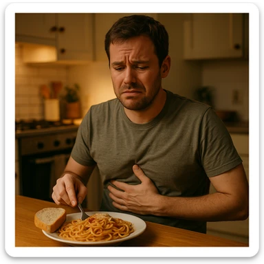 A man in his mid-30s sitting at a kitchen table with a plate of pasta and bread in front of him, looking uncomfortable and conflicted. His facial expression shows bloating, fatigue, and mild abdominal pain. One hand is on his stomach, the other hesitating to eat. sticker