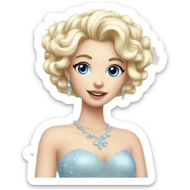 Gorgeous pastel Lady with blue eyes in a sparkly shiny dress with tiara and necklace and flowers behind her and trending  sticker