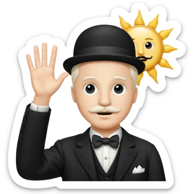 Adolf h , wearing suit and mustache short like charlie chaplin. Raising his hand to sun sticker