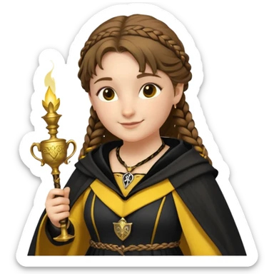 Helga Hufflepuff,the Hogwarts founder of Hufflepuff,brown-haired,2braids,yellow-black medieval dress with black cloak decorated with gold braiding,flickering magic wand and tiny two-handled shiny gold cup engraved with the badger silhouette,very kind smile,curvy busty sweet  sticker