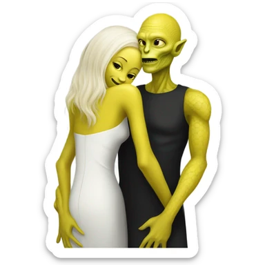 Alien reptilian woman in yellow dress, and, human white skin man in black dress, hugging sticker