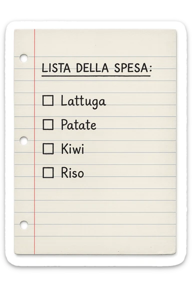 FOGLIO DI CARTA A RIGHE CON LISTA DELLA SPESA SCRITTA A PENNA:
"LISTA DELLA SPESA:
- Lattuga
- Patate
- Kiwi
- Riso", iperealistico 4k sticker