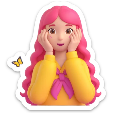 Fluttershy from My Little Pony reimagined as a gentle, shy human girl emoji, with long pink hair, soft yellow clothing, and a kind expression, surrounded by butterflies sticker