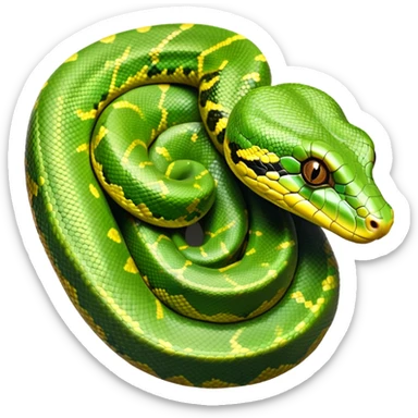cinematic-green tree python-realistic-full-body-coiled-emoji,-thick-scaled-body-looped-tightly,-intricate-brown-and-gold-patterned-scales-reflecting-light,-head-tilted-dramatically,-slitted-eyes-staring-calmly,-simplified-yet-realistic-focused-feature sticker
