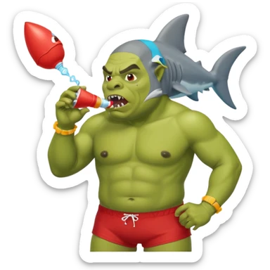 orc male in shark floatie, blowing whistle. Red swim trunks sticker
