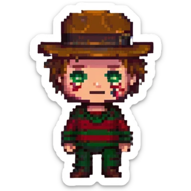 Freddy Krueger in pixel art style, chibi proportions, bright colors sticker