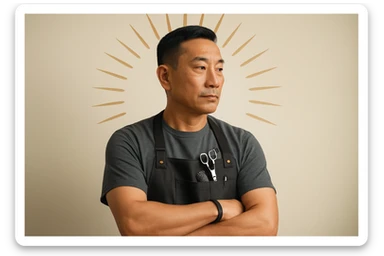 shu pozada turgan faqat o'ng tarafga qarab turgan sartarosh ustani tasvirlab ber realistik uslubda yoshi kattaroq soqol shart emas va osiyolik erkak  sticker