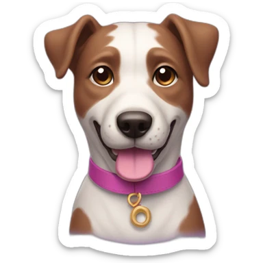 a purple dog with a brown nose and a pink collar with a bone happy  sticker