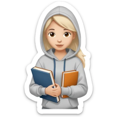 woman college student with a tote bag over her shoulder and a book in one hand. The student wears a hoodie. Clean cartoon style, white background, iOS emoji aesthetic. sticker