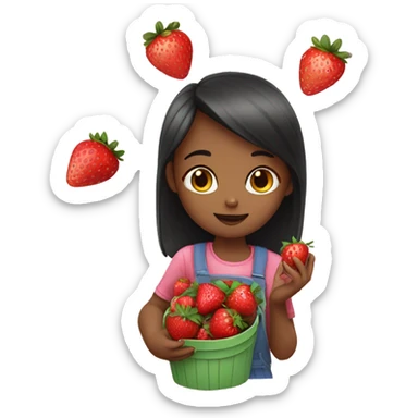 a girl eating strawberry and carring a kitten sticker