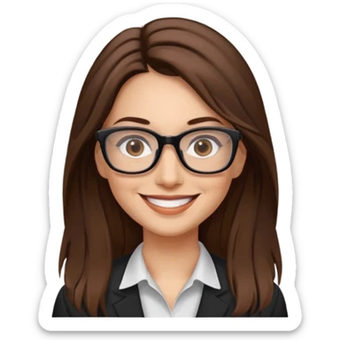 Woman 40, brown long hair, brown eyes, rectangle black glasses sticker
