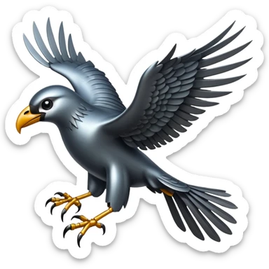 Emoji-style icon of a large metallic predatory bird flying, sharp wings, steel texture, dramatic pose, dark background sticker