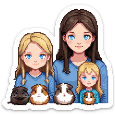 Family portrait with father with dark brown hair and blue eyes, mother with light brown hair and blue eyes, three blonde little girls with blue eyes, plus a grey cat and two guinea pigs sticker