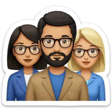 A man with hair and glasses and  a woman with long brown hair and a man with a beard and a woman with a blonde bob sticker