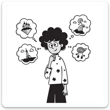 Creative artist with wild imagination visualized with thought bubbles showing artistic ideas sticker