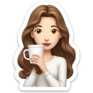 woman with pale skin and brown long thin hair wearing a white woolly shirt sipping coffee from a light pink takeaway cup eyes closed sticker