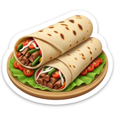 Cinematic Realistic Shawarma Dish Emoji, showcasing spiced, succulent meat wrapped in flatbread with fresh vegetables rendered with lifelike detail and dynamic, appetizing lighting. sticker