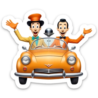 A vintage movie poster-style design with two goofy characters in outrageous outfits, showing exaggerated, silly expressions. Include elements like a goofy car, ridiculous props, and comical facial expressions. Retro comedic style with vibrant colors. Transparent background. sticker