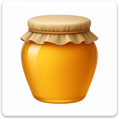 Create an emoji with no face that looks exactly like the reference image. The style should be iOS emoji style: 3D, shiny, smooth gradients, soft shadows, realistic honey jar shape with a cloth lid, no face. Add a subtle highlight to the glass. sticker