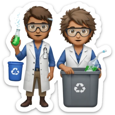an woman otter disguised as a man picking up trash bins, next to a mad scientist sticker