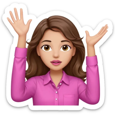 girl with long wavy brown hair, brown eyes, light to medium complexion, in a pink shirt, pink lips, long lashes, puckered lips, both hands all the way up with hands up to the sky sticker
