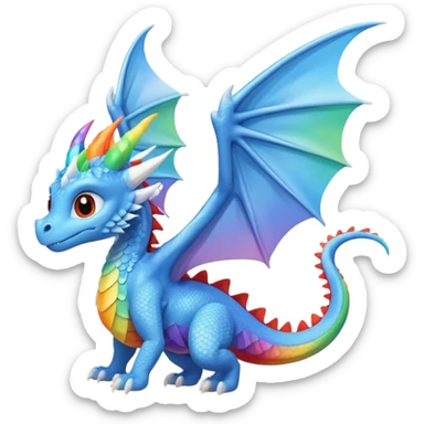 cute baby blue dragon with light blue body, big white wings, white horn, tail with white triangle tip, flying in side view, big eyes, small size, dragon ridge along back with small ridges in rainbow order: red, orange, yellow, green, blue, purple, ending at start of tail sticker