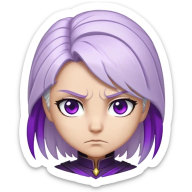 Chibi Sable Ward with intense focus expression, slightly furrowed brows, concentrated stare, white hair with purple streaks, fully purple eyes, determined look sticker