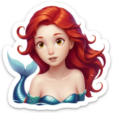 cinematic-realistic-red-hair-mermaid-portrait,-head-tilted-playfully-and-inquisitively,-showcasing-an-ethereal-form-with-finely-detailed,-flowing-red-hair-against-luminous-porcelain-skin.-her-bright,-curious-eyes-sparkles sticker