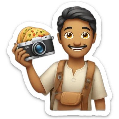 Indian man woman with camera in one hand and food in other hand, happy smiling sticker