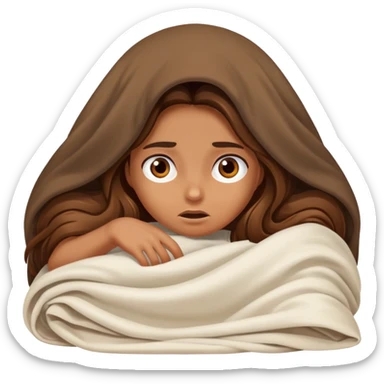 a tanned girl with brown long hair laying in bed hid under the blanket  in fear sticker
