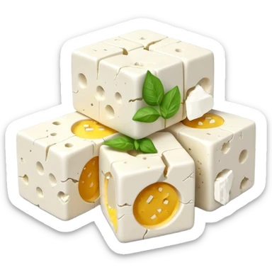 feta cheese cubes or thick rectangular slice, bright white, crumbly texture, irregular surface with cracks, matte finish, small crumbles nearby, clean natural 3D rendering, soft lighting, subtle shadows, transparent background, emoji scale, optimized for clarity and brightness sticker