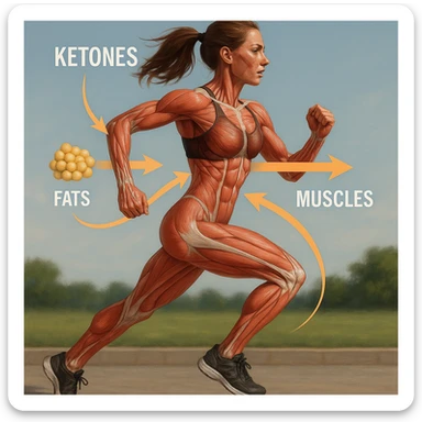 slim woman in 4K running with anatomical overlay showing muscles using ketones, arrows indicating energy flow from fats to muscles sticker