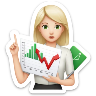 Girl holding chart with rising green graph line in right hand and holding another chart with falling red graph line in left hand sticker