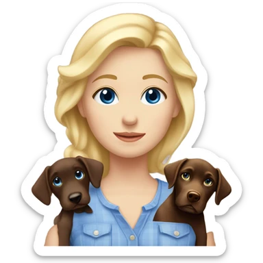 Blonde haired country, girl, blue eyes, periwinkle shirt with a black lab and a chocolate lab sticker