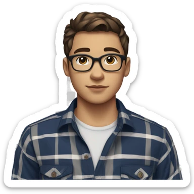 A young male teenager with facial stubble, thick black glasses, neatly trimmed short brown hair, exuding confidence, clad in a navy blue and white unbuttoned checked plaid short sleeve shirt. sticker