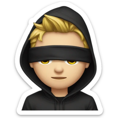 Young gamer with a black hood behind his computer sticker