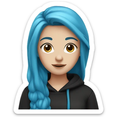 white girl with long blue hair in a black sweatshirt holding a blue heart sticker