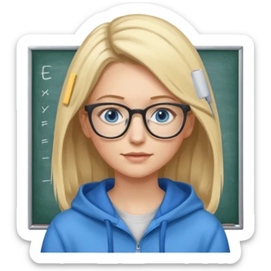 a woman, blonde highlights in hair, glasses and blue eyes. teacher, with a hoodie on and hair longer than shoulders sticker