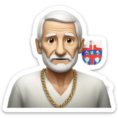 Old man wearing cross necklace in the background is the croatian flag sticker