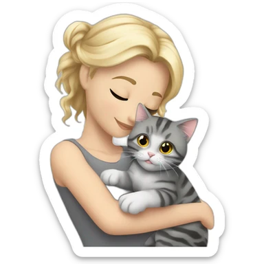 A blond whit hirl with som silver glasess is hugging one grey stripet cat and there ar alot of harts around them sticker