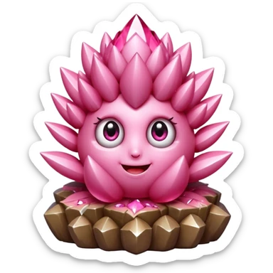 A single cute pink crystal cluster character, chunky round base with many tall rose-pink crystal spikes growing upward like a quartz cluster, faceted and slightly imperfect, on the front of the base a kawaii face with big shiny eyes and a happy open smile sticker