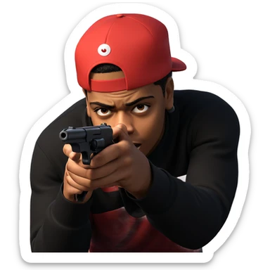 boy aiming with gun hat sticker