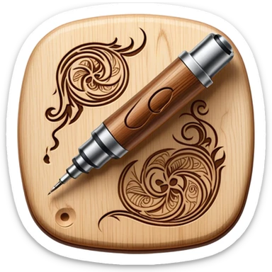 Pyrography icon, wooden surface with detailed burn marks, intricate patterns etched into wood using a soldering iron, no flames or smoke, minimalistic style, clean lines, transparent background. sticker