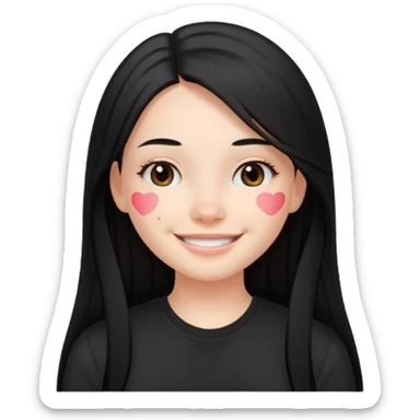 a pretty bratz fair girl with straight long black hair, wearing a black tshirt, smiling sticker